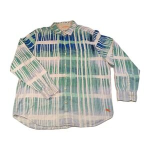 TOMMY BAHAMA Shirt Men's Size XL Button Up 100% Linen Blue Green Print Hawaiian